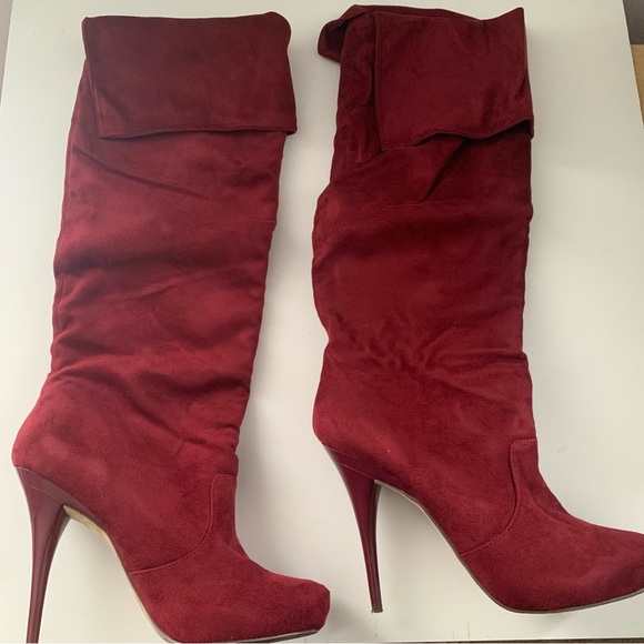 Michael Antonio Shoes - Michael Antonio Over the Knee Burgundy Heeled Suede Boots Size 10